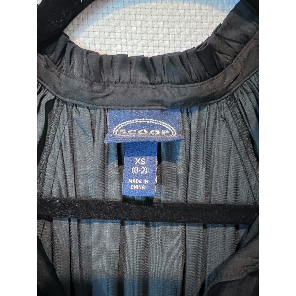 Black Pleated Satin Mini Dress XS Long Sleeve Tiered Ruffle Smocked Waist - Picture 3 of 8